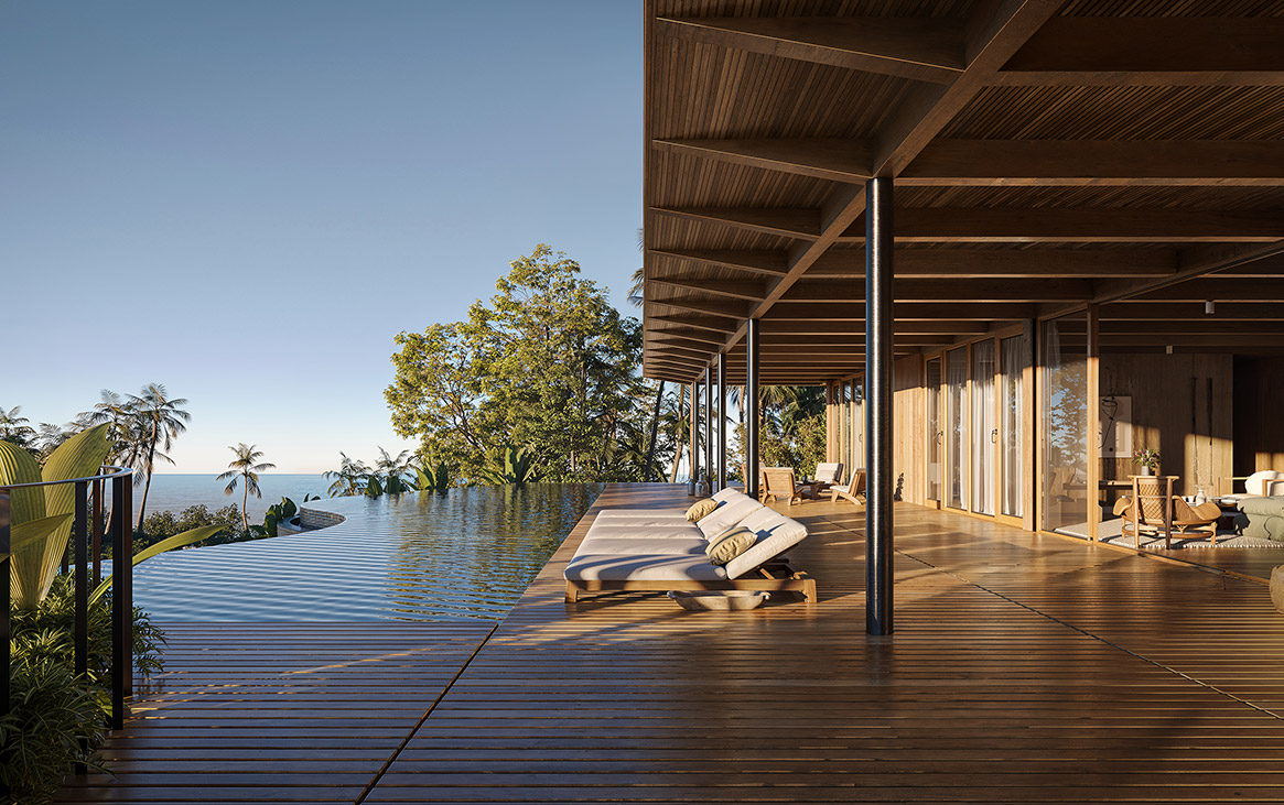 Vista praia a partir das piscinas das casas