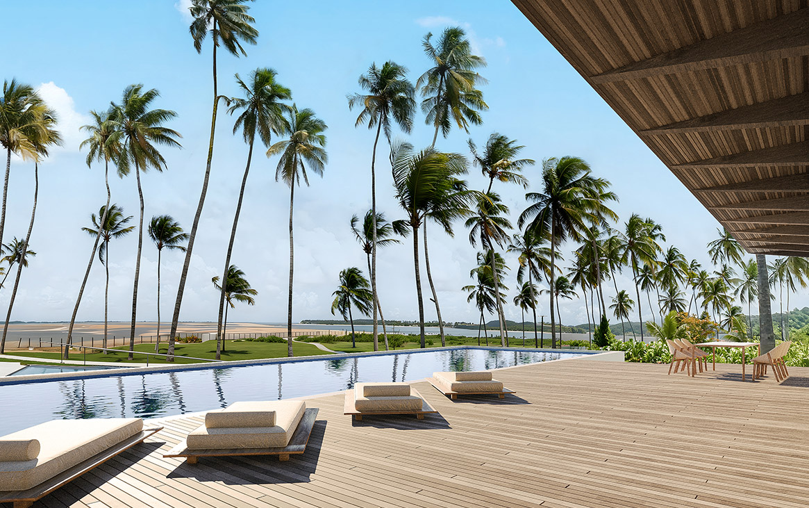 Perspectiva 3d Vista praia a partir das piscinas das casas